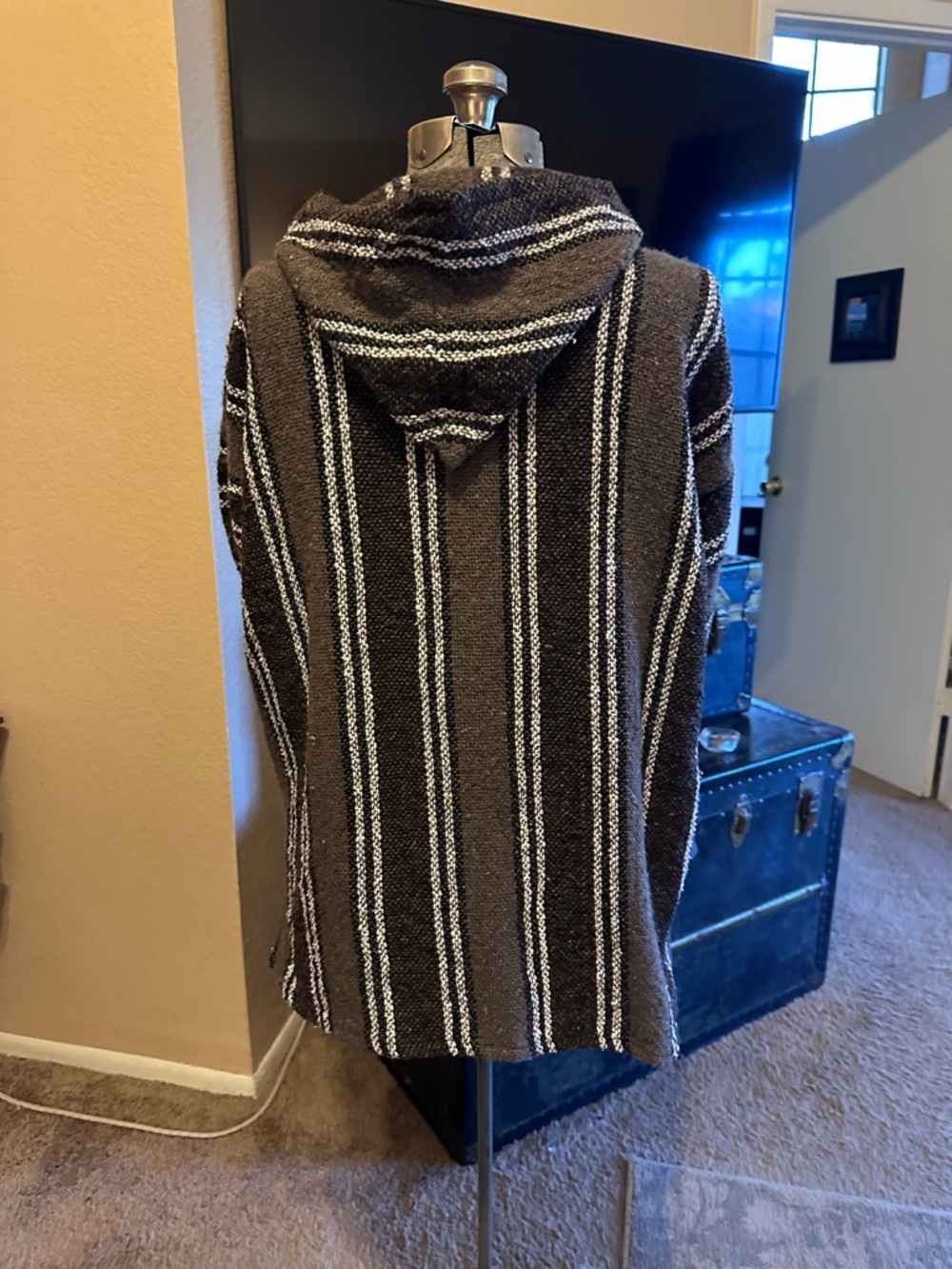 Men's Brown Striped Baja-Style Crewneck Hoodie Sweater - Picture 2 of 2